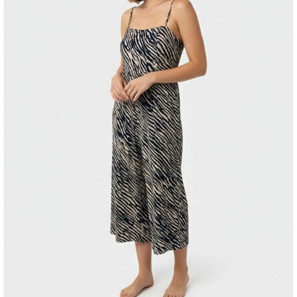 Boden 10P Colette Linen Jumpsuit Blue Tan Zebra Print *No Belt